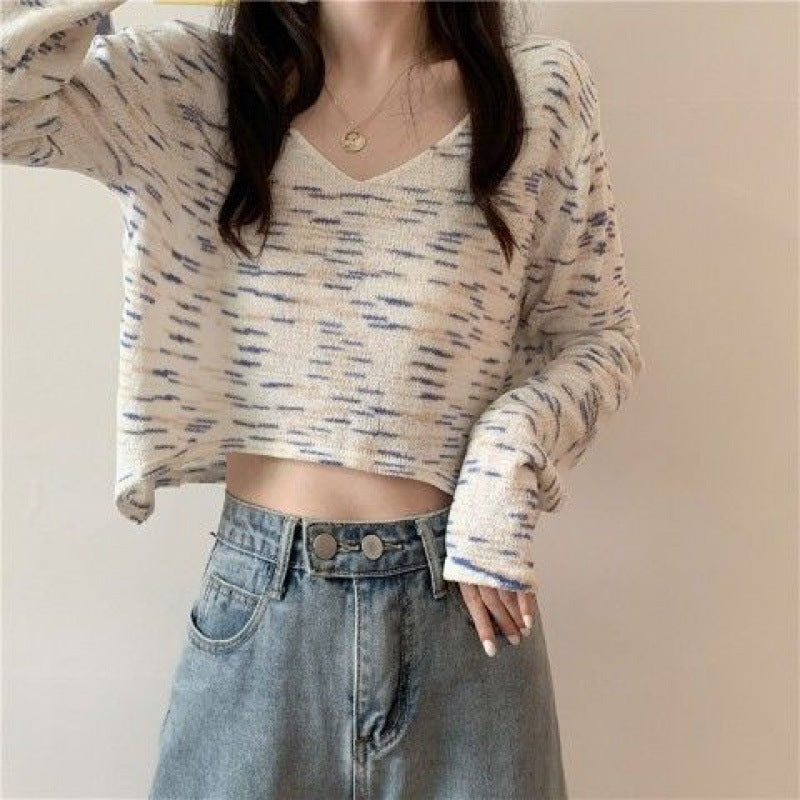 Women Fashion V Neck Tie-dyed Long Sleeve Crop Top