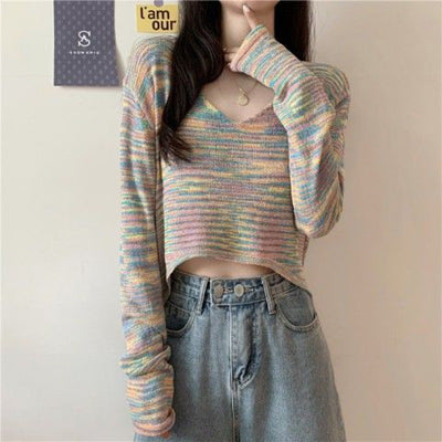 Women Fashion V Neck Tie-dyed Long Sleeve Crop Top
