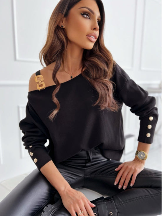 Asymmetrical Neck Buttoned Top - Modern Chic Style