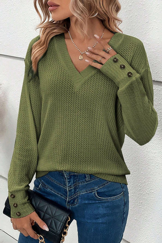 Decorative Button V-Neck Long Sleeve T-Shirt - Casual Chic