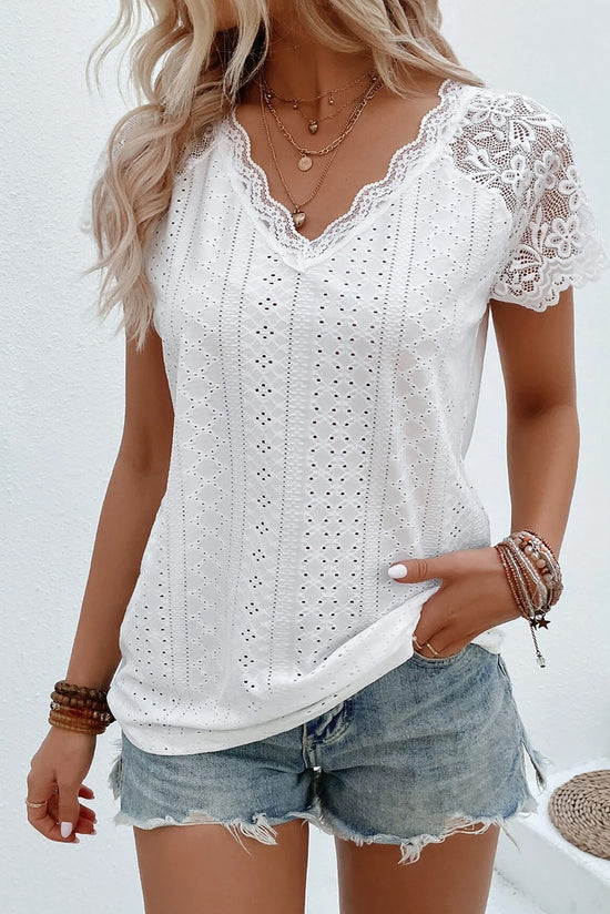 Eyelet Lace Detail V-Neck T-Shirt - Romantic Casual
