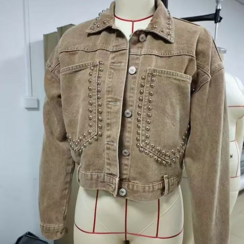 Women's Long Sleeve Rivet Studded Denim Jacket Casual Cropped Short Jean Coat