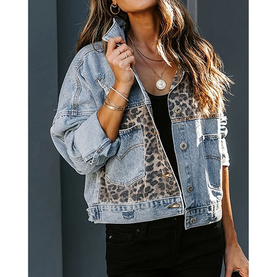 Women's Cropped Distressed Denim Jacket Ripped Button Down Jean Jacket Long Sleeve Casual Streetwear Coat