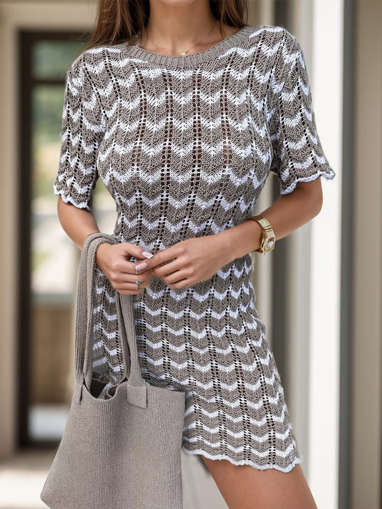 Chevron Round Neck Short Sleeve Knit Dress - Trendy Pattern Style