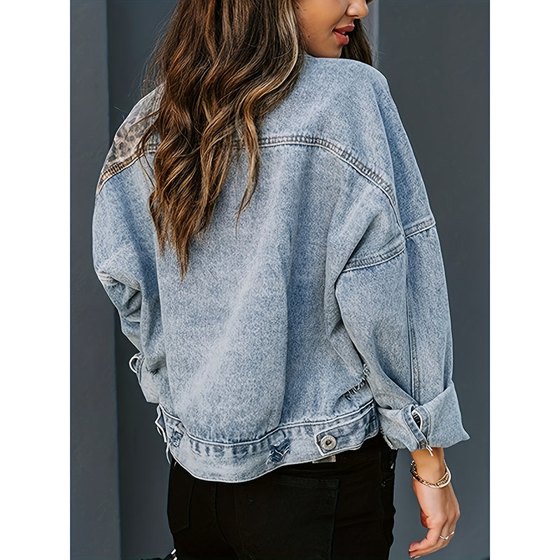 Women's Cropped Distressed Denim Jacket Ripped Button Down Jean Jacket Long Sleeve Casual Streetwear Coat