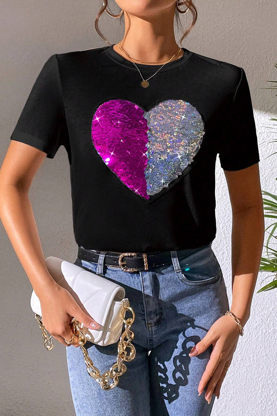 Heart Sequin Round Neck Short Sleeve T-Shirt - Cute Casual