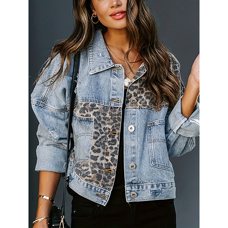 Women's Cropped Distressed Denim Jacket Ripped Button Down Jean Jacket Long Sleeve Casual Streetwear Coat