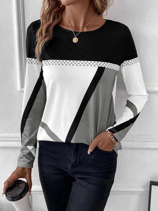 Contrast Round Neck Long Sleeve T-Shirt - Casual Sporty