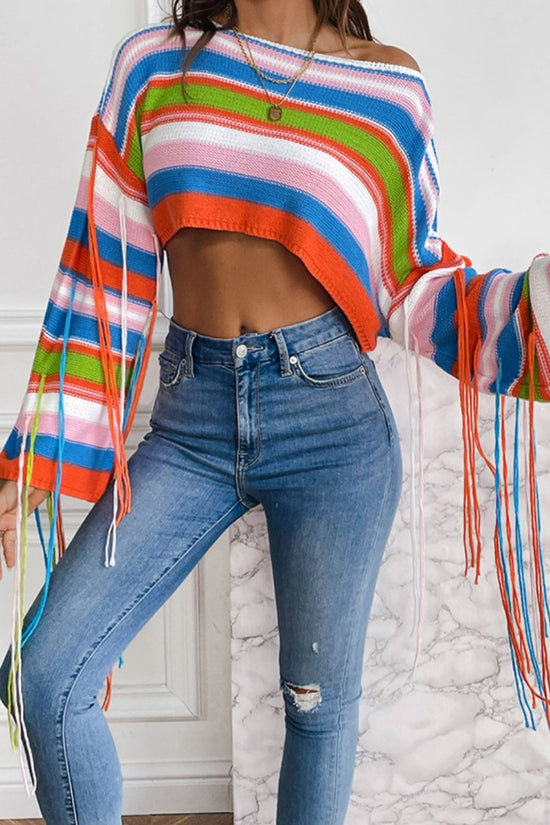 Fringe Striped Round Neck Knit Top - Boho Casual Style