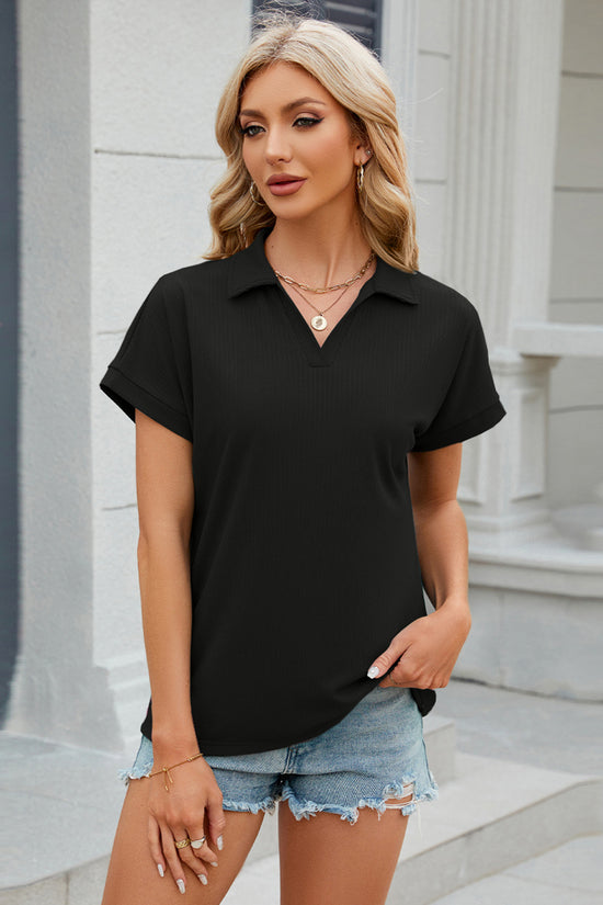 Johnny Collar Short Sleeve Blouse - Classic Casual Style