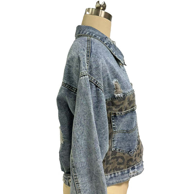 Women's Cropped Distressed Denim Jacket Ripped Button Down Jean Jacket Long Sleeve Casual Streetwear Coat